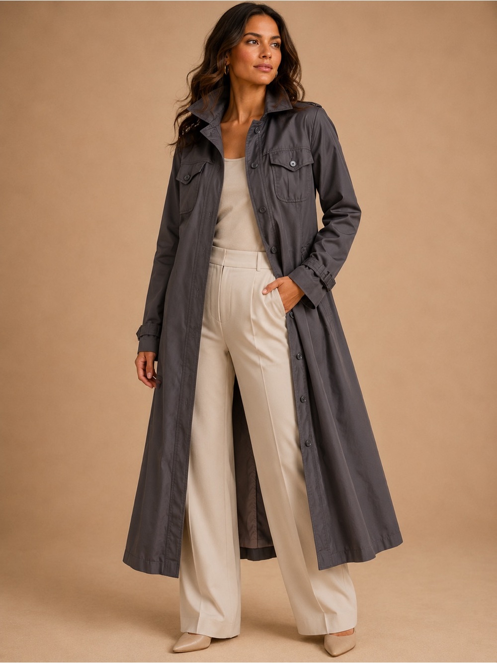 Vintage Hooded Long Trench Coat Brown Gray Faux Fur Lined Size 5/6